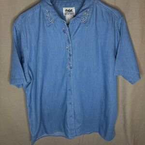 Northern Reflections Vintage Denim Shirt Women XL Floral Embroidered 100% Cotton